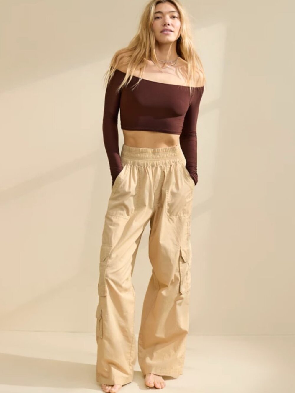Aerie Easiest Cargo Pants Soft Stone Wide Leg Pull On Utility Medium